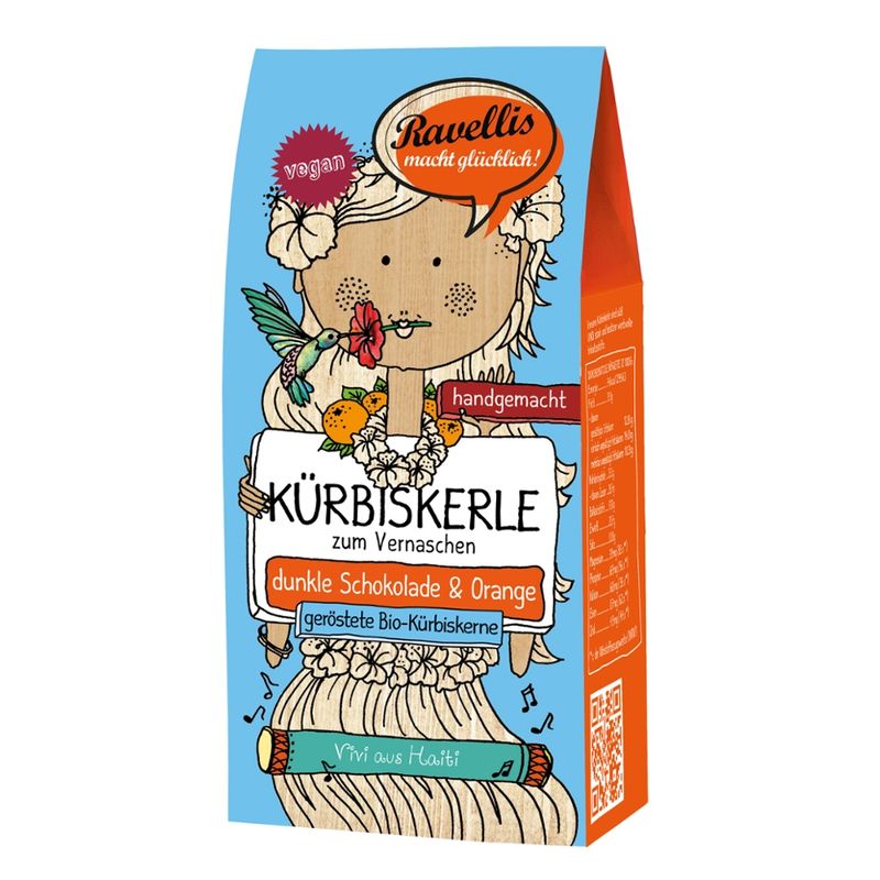 Ravellis "VIVI AUS HAITI" Geröstete Bio-Kürbiskerne veredelt mit dunkler Schokolade & Orange - Produktbild