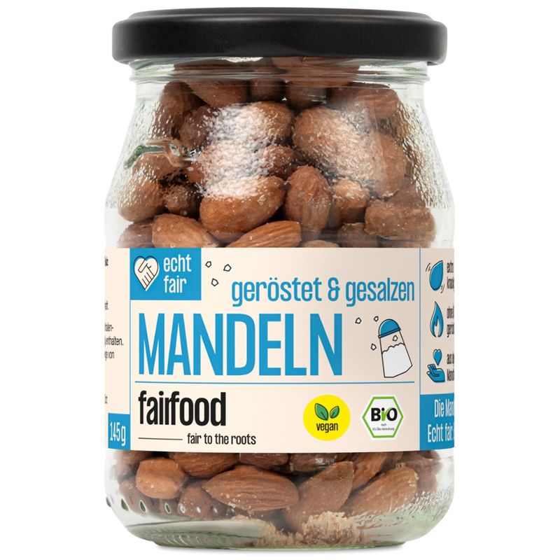 fairfood Freiburg Faire Mandeln geröstet & gesalzen (145g, Pfandglas klein, Bio ) - Produktbild