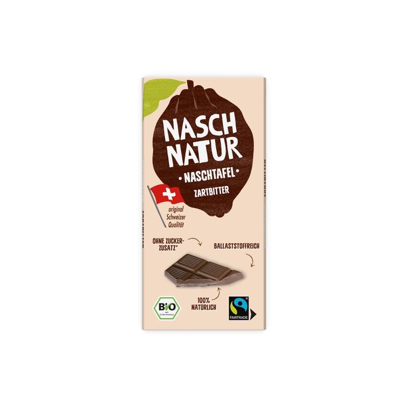 NaschNatur Bio NaschTafel Zartbitter -  zartschmelzende, vollmundige Zartbitterschokolade, nur mit Datteln gesüßt - Produktbild