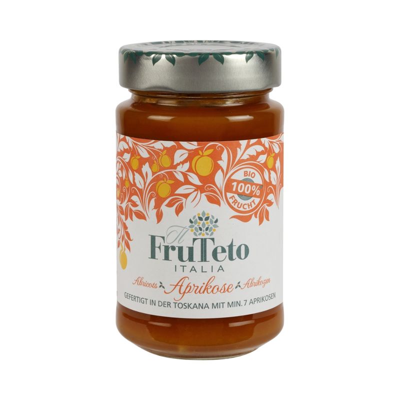 FruTeto Italia Frutteto Italia 100 % Aprikose Bio-Fruchtaufstrich 250 g. Fruchtanteil 100 %. Zubereitet nur mit Früchten, ohne Rohrzucker, ohne Süßstoffe, ohne Konservierungsstoffe. Schmeckt nach Frucht pur frisch gepflückt. - Produktbild