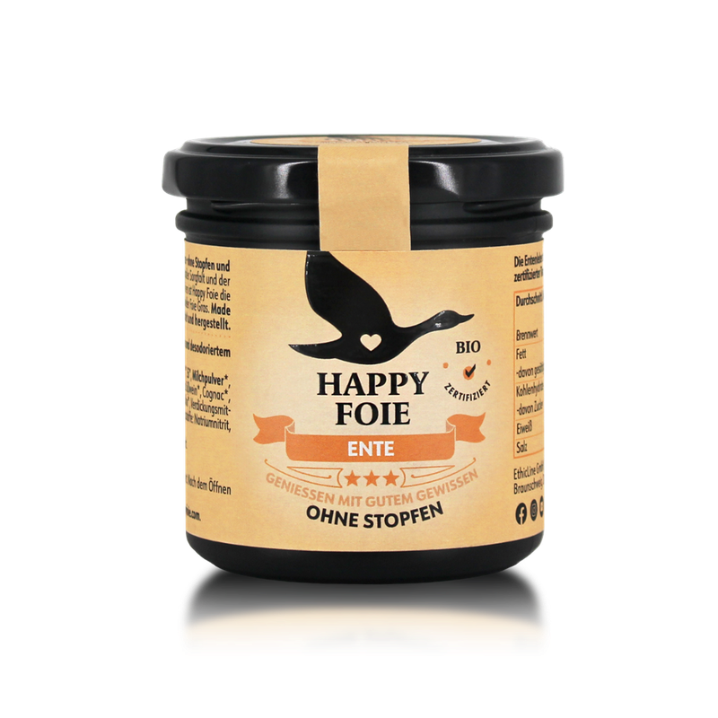 Happy Foie Happy Foie - Ente, bio ; Hergestellt mit großer Sorgfalt und der Leber von freilaufenden und glücklichen Tieren ist Happy Foie die bio-zertifizierte Alternative zu konventioneller Foie Gras. Kulinarischer Genuss ohne Stopfen und mit gutem Gewissen. - Produktbild