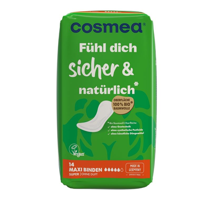 COSMEA®  cosmea® Maxi Binden Super Bio Baumwoll-Oberfläche, Super ohne Duft, 14 Stück - Produktbild