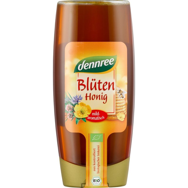 dennree Blütenhonig, mild-aromatisch, in der PET-Flasche - Produktbild