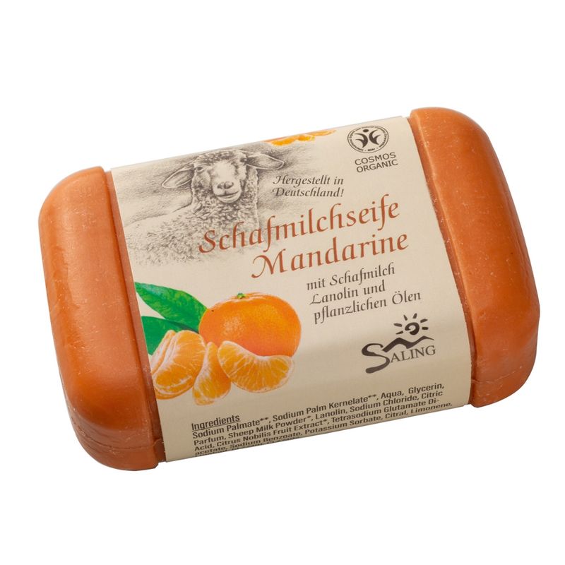 Saling Schafmilchseife Mandarine, 100g Stück mit Banderole, cosmos organic zertifiziert - Produktbild