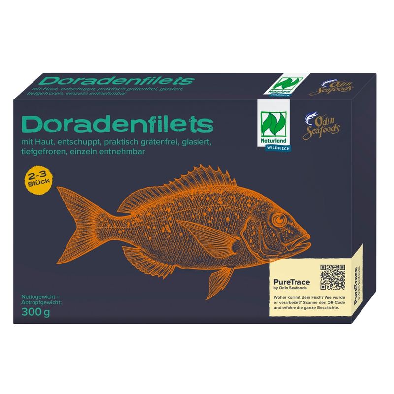 Odin Seafoods Naturland Wildfisch Doradenfilets 300g, mit Haut, entschuppt, praktich Grätenfrei, glasiert, tiefgefroren - Produktbild