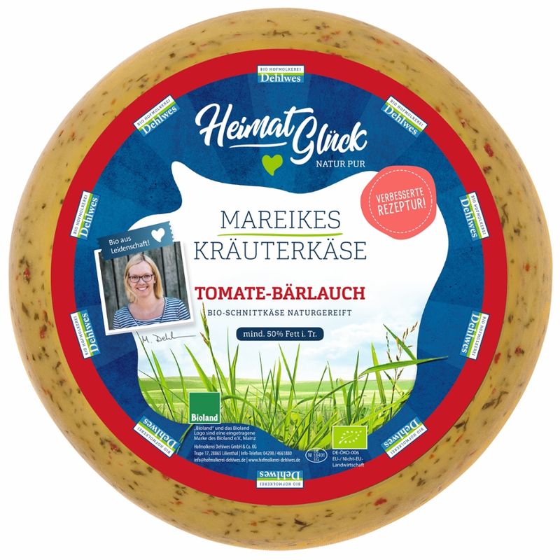 HeimatGlück Mareikes Kräuterkäse Tomate-Bärlauch Bio-Schnittkäse mit 50 % Fett i.Tr., pasteurisiert. - Produktbild