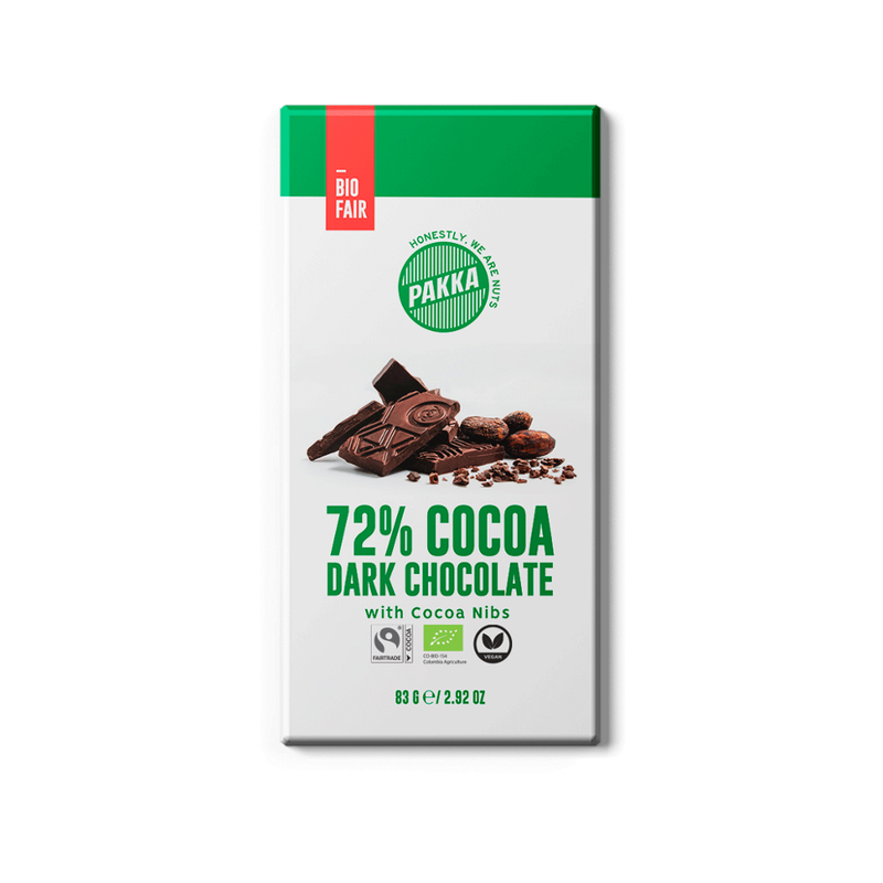 Pakka Dunkle Schokolade mit Kakaonibs, 72%, Bio & Fairtrade, 83g - Produktbild