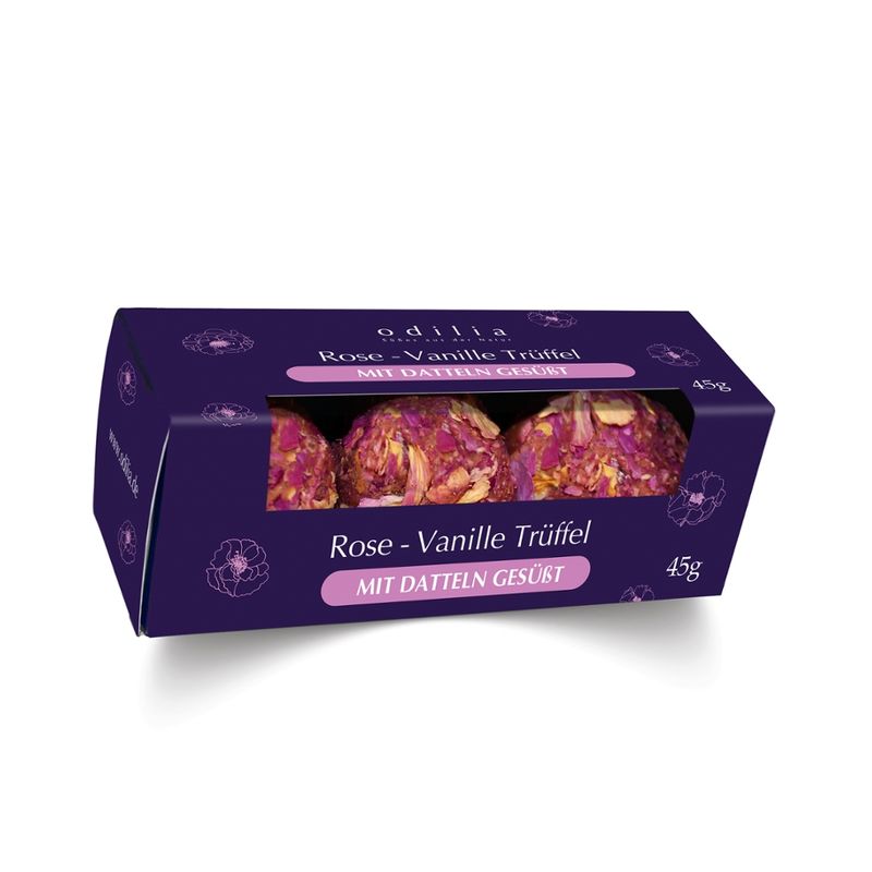 odilia Bio Rose-Vanille Trüffel mit Damaszener Rosenblüten – vegan, glutenfrei & ohne raffinierten Zucker - Produktbild