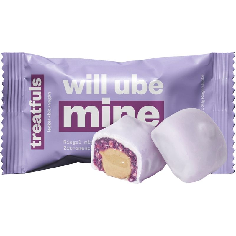 treatfuls BIO RIEGEL MIT UBE UND ZITRONEN FÜLLUNG UND WEIßEM KAKAOBUTTERHALTIGEM ÜBERZUG MIT SÜßUNGSMITTEL - Produktbild