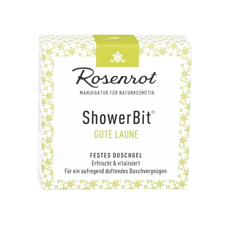 Rosenrot Naturkosmetik ShowerBit® - festes Duschgel Gute Laune - 55g - in Schachtel - Vitalisierende Pflegedusche mit Bio-Sanddornfrucht-Extrakt verwöhnt die Haut und versorgt mit viel Feuchtigkeit. - Produktbild