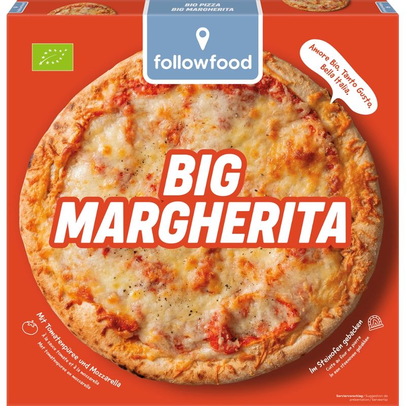 followfood Big Bio Pizza Margherita mit Tomatenpüree und Mozzarella, tiefgekühlt. Produziert in Italien. - Produktbild