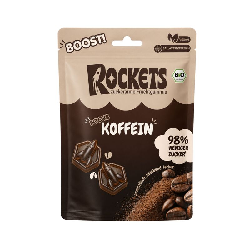 Rockets zuckerarme Bio Fruchtgummis mit natürlichem Koffein aus Kaffee und Guarana - Produktbild