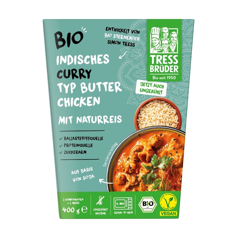 Tress Brüder veganes Bio Curry Typ Butter Chicken auf Basis von Soja mit Naturreis - Produktbild