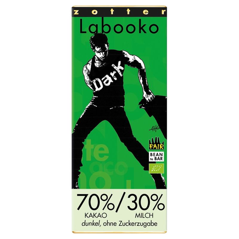 Zotter Schokolade Labooko - 70%/30% Kakao-Milch-Tafel dunkel ohne Zuckerzugabe - Produktbild