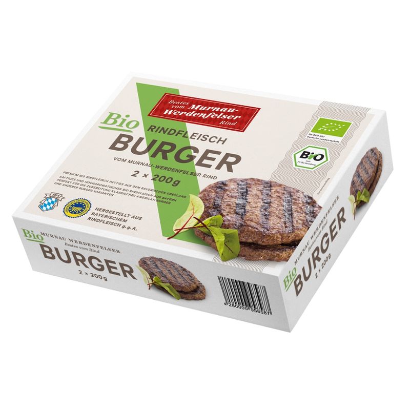 MuWe Fleischhandels Tiefgefrorene, bratfertig und gewürzte Bio Burger, hergestellt aus Fleisch vom Murnau-Werdenfelser Bio-Rind - Produktbild