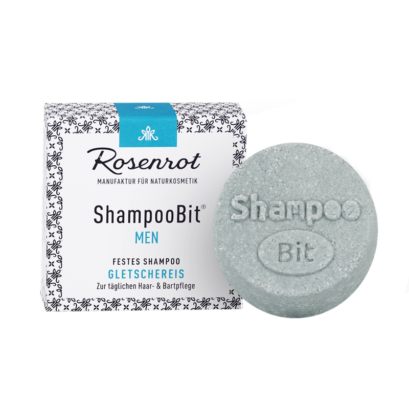 Rosenrot Naturkosmetik festes ShampooBit® MEN Gletschereis - 60g - in Schachtel - Dieses MEN ShampooBit Gletschereis für den Mann reinigt mild und ist sanft zur Haut und zum Bart. - Produktbild