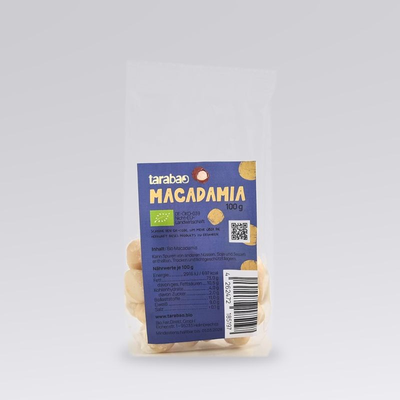 TARABAO Bio Macadamia 100 g Flowpack mit Standboden - Produktbild