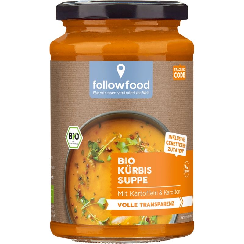 followfood Bio Kürbissuppe mit Karotten und Kartoffeln vegan, inklusive geretteter Zutaten - Produktbild