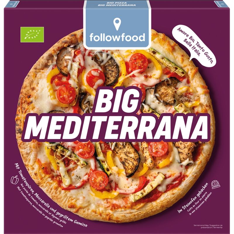 followfood Big Bio Pizza Mediterrana mit Mozzarella, gegrilltem Gemüse und Tomaten, tiefgekühlt. Produziert in Italien. - Produktbild