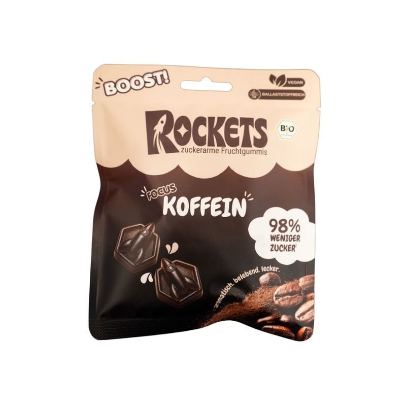 Rockets zuckerarme Bio Fruchtgummis mit natürlichem Koffein aus Kaffee und Guarana - Produktbild