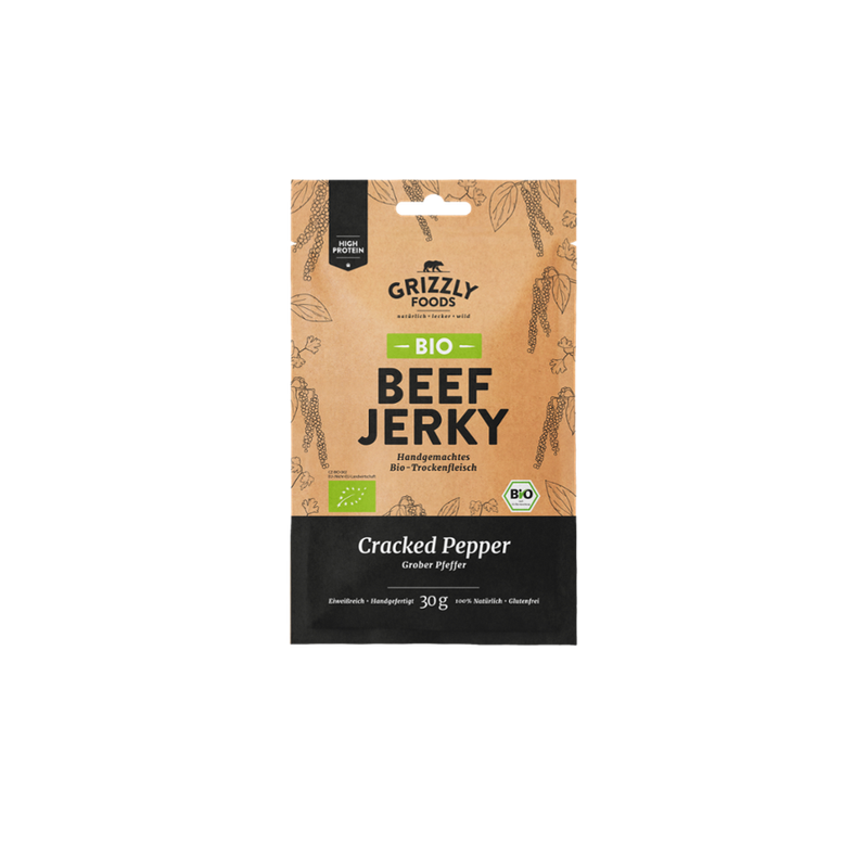Grizzly Foods Bio Beef Jerky - Cracked Pepper - Herzhaftes Trockenfleisch mit Pfeffer in Bio-Qualität - Produktbild