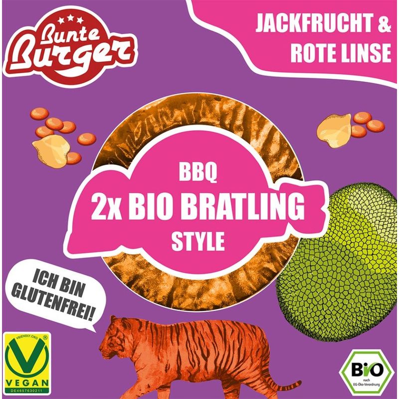 Bunte Burger Bratling BBQ Style Vegan 2x90g - Gemüse Bratling mit Rote Linse, Jackfrucht & Kichererbse - Produktbild