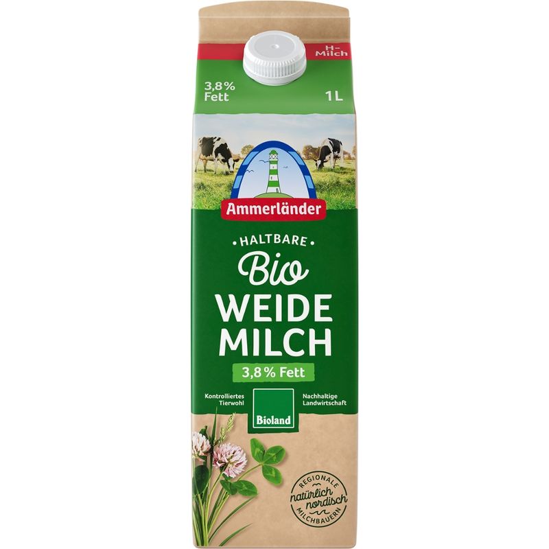 Ammerländer Ammerländer Bio Weide H-Milch, 3,8 % Fett, ultrahocherhitzt, 1 L - Produktbild