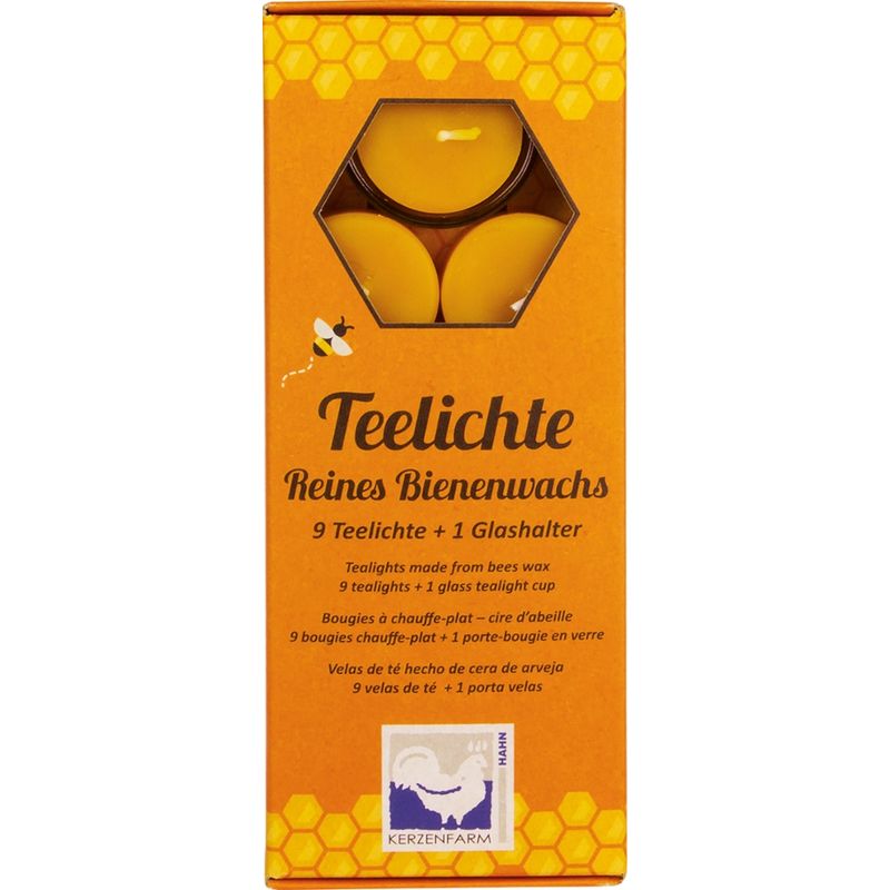 Kerzenfarm Hahn Bienenwachs-Teelichte ohne Aluhülle mit Glasteelichthalter in einer schönen Geschenkverpackung. - Produktbild