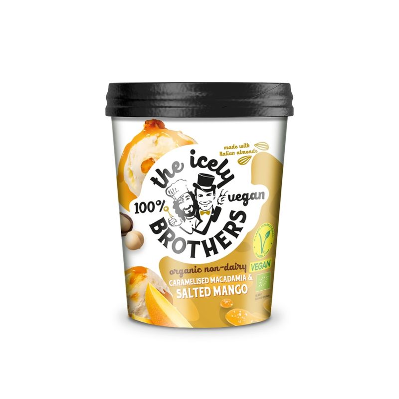 The Icely Brothers The Icely Brothers - Vegan BIO-Eis/Vegan Organic Ice Cream: Karamellisierte Macadamia und gesalzene Mango 460ml - Produktbild