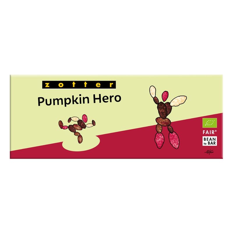 Zotter Schokolade Genüsse - Pumpkin Hero - Bunte Kürbiskerne auf grüner Schoko - Produktbild