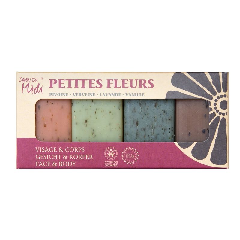 Savon du Midi PETIT FLEURS -  Bio-Blüten Gästeseifen je 1 x 20g: Pfingstrose, Lavendel, Vanille, Eisenkraut in Geschenk Karton - Produktbild