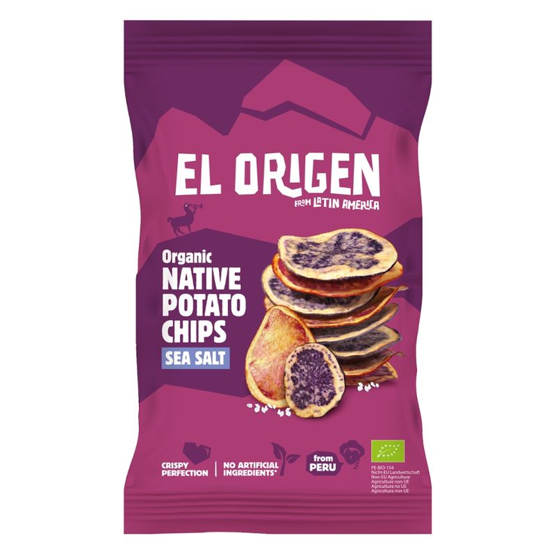 el origen el origen Bio Native Potato Chips mit Meersalz, 100 g - aus direct trade, bio-zertifiziert, vegan, ohne Palmöl, glutenfrei, ohne Zusätze. - Produktbild
