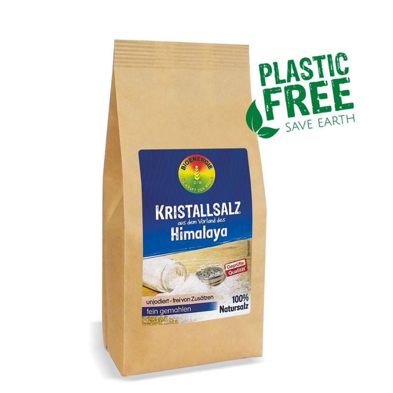 BIOENERGIE KRISTALLSALZ aus dem Vorland des Himalaya fein gemahlen, unjodiert, frei von Zusätzen, im Bio-Papierbeutel - Produktbild