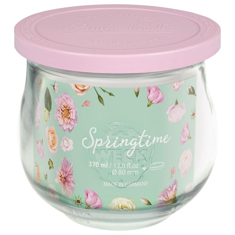Dosen-Zentrale Züchner 370 ml Weck-Tulpenglas #746 mit aufliegendem 80 mm RR-Deckel, montiert mit 2 Klammern und Weck Gummiring inkl. Einleger "Springtime rosa" mit EAN-Auszeichnung - Produktbild