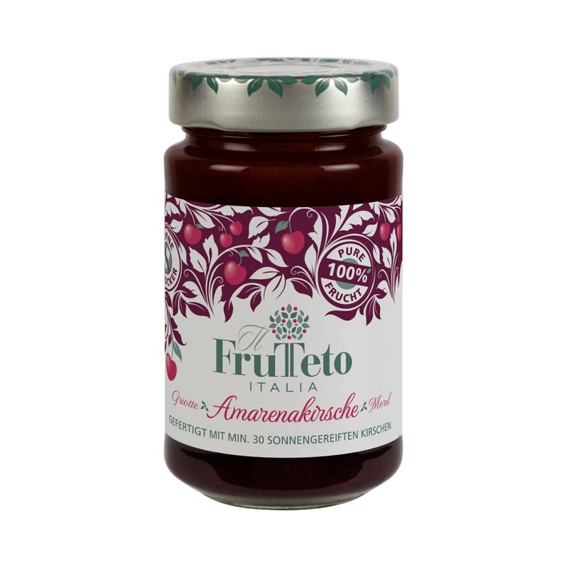 FruTeto Italia Frutteto Italia 100 % Amarenakirsche Bio-Fruchtaufstriche 250g. Fruchtanteil 100 %. Zubereitet nur mit Früchten, ohne Rohrzucker, ohne Konservierungsstoffe. Schmeckt nach Frucht pur frisch gepflückt. - Produktbild