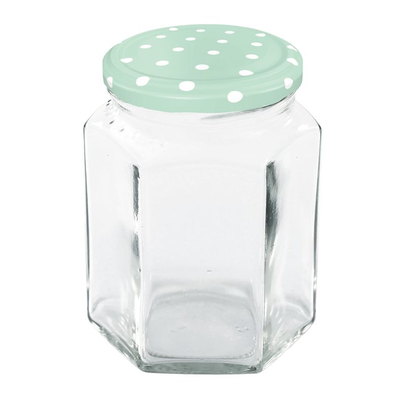 Dosen-Zentrale Züchner 288 ml Glas sechseckig, mit aufgeschraubten Cap 63 mm "Mint - Punkte weiß" d536, EAN Etikett am Glasboden - Produktbild