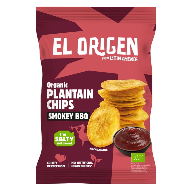 el origen el origen Bio Kochbananen Chips BBQ, 80 g – aus direct trade, bio-zertifiziert, vegan, ohne Palmöl, glutenfrei, ohne Zusätze. - Produktbild