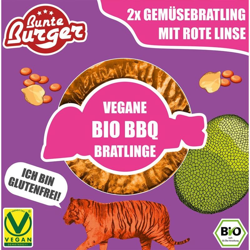 Bunte Burger Bio Bratling BBQ Vegan 2x80g - Gemüse Bratling mit Rote Linse, Jackfrucht & Kichererbse - Produktbild