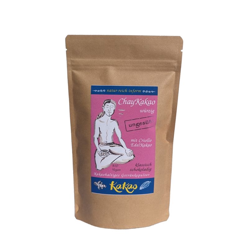 natur-reich-inform Chaykakao würzig mit Edelkakao klassisch schokoladig. Ein kakaohaltiges Getränkepulver, ungesüßt, mit der indischen Chay-Gewürzmischung: Zimt, Ingwer, Cardamom und Nelke. - Produktbild