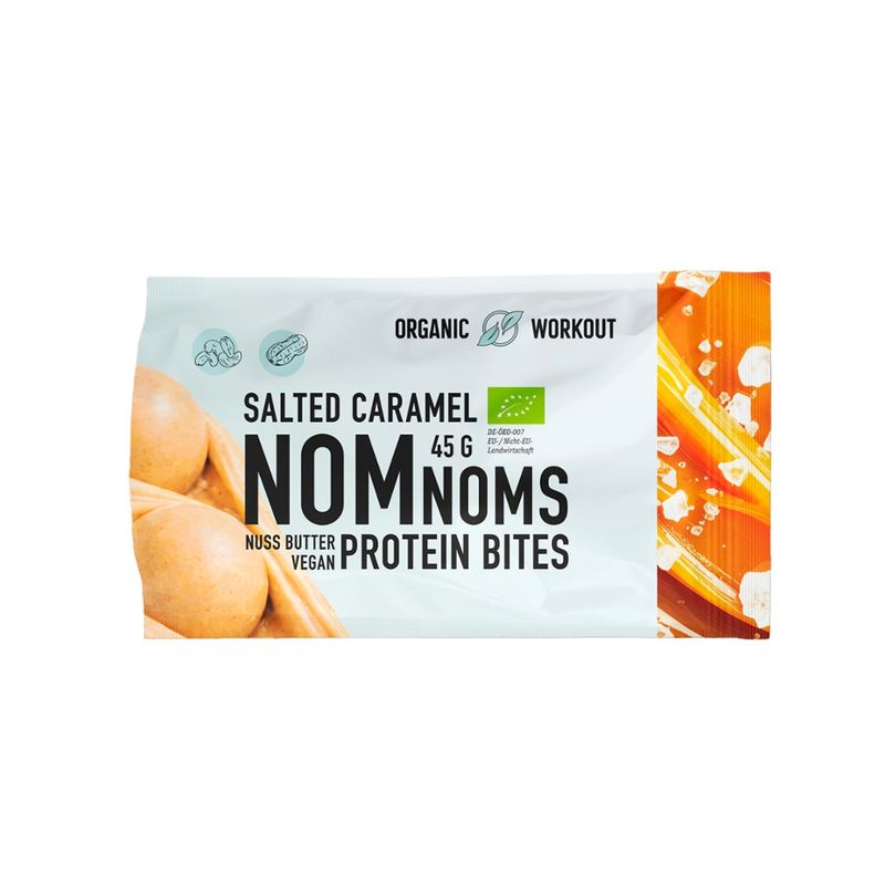 Organic Workout Salted Caramel  NomNoms Protein Bites – Bio Protein-Nuss-Snack auf Basis von Nussmus und Erbsenprotein, gesüßt mit Erythrit und Reissirup - Produktbild