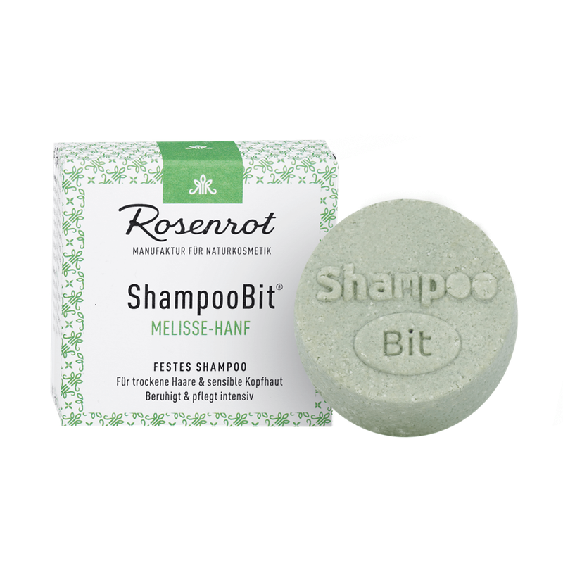 Rosenrot Naturkosmetik festes ShampooBit® Melisse-Hanf - 55g - in Schachtel - Dieses wundervolle feste Shampoo Melisse-Hanf versorgt sehr trockene Haare und Haarspitzen mit reichhaltiger Pflege. - Produktbild
