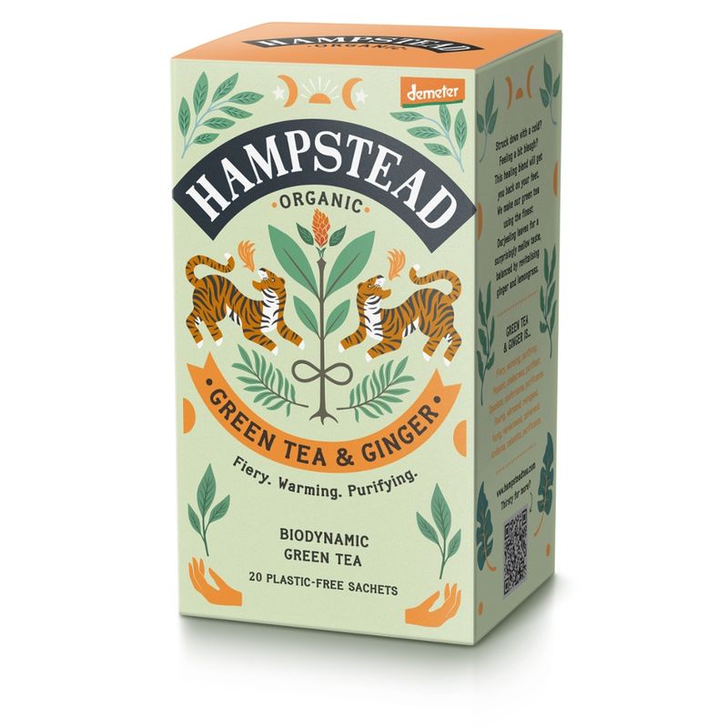 Hampstead Organic  Demeter Organic Green  tea  with ginger bags in plastic free packaging - Produktbild