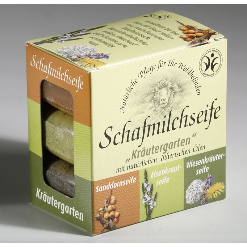 Saling Geschenkverpackung 3er Set "Kräutergarten" bestehend aus je 1x Schafmilchseife Sanddorn, Eisenkraut und Wiesenkräuter - Produktbild