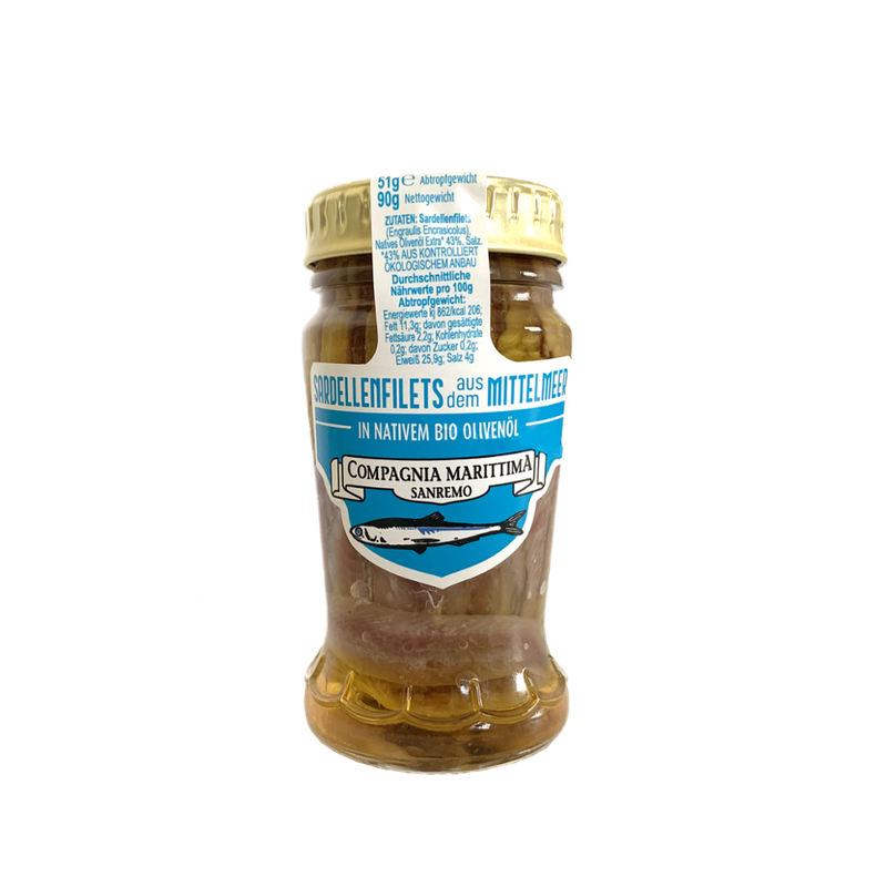Compagnia Marittima Sanremo  Handgelegte Sardellenfilets aus dem Mittelmeer in nativem Bio Olivenöl - Produktbild