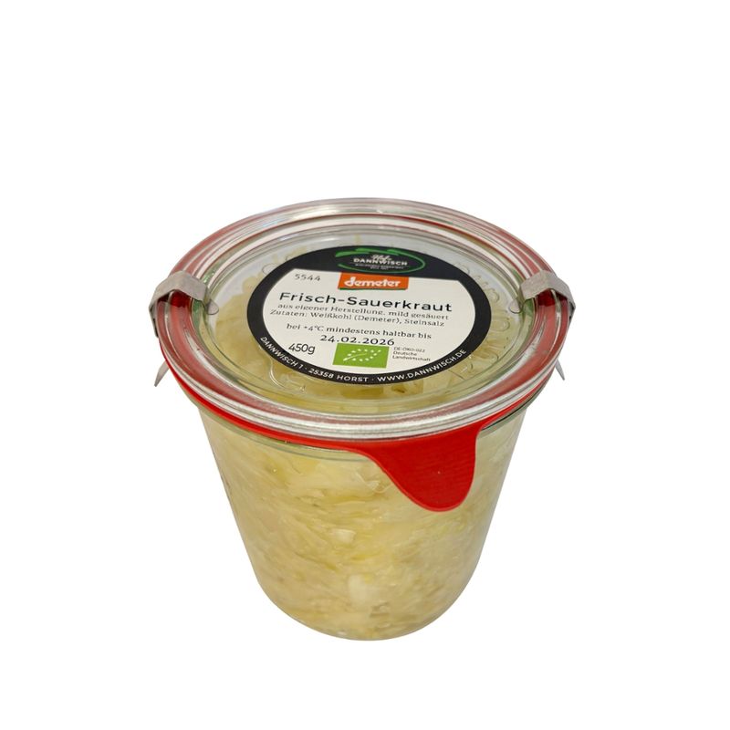 Hof Dannwisch Dannwisch Frisch-Sauerkraut  450g im Pfandglas  nicht pasteurisiert  demeter aus eigener Herstellung, mild gesäuert - Produktbild