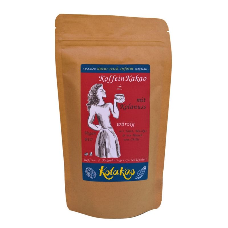 KolaKao KolaKao würzig - der Koffein-Kakao mit Kolanuss aromatisch würzig, dezent gesüßt. Kakao,- und Koffeinhaltiges Getränkepulver mit dem milden Koffein der Kolanuss, gewürzt mit Zimt, Muskat & ein Hauch von Chilli. Bio & Vegan. - Produktbild