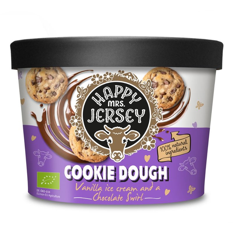 Happy Mrs Jersey Happy Mrs Jersey - BIO Eis/Organic Ice Cream: Vanilleeis mit Keksteigstückchen und Schokoladensoße / Vanilla ice cream with pieces of cookie dough and sauce with chocolate flavour 200ml - Produktbild