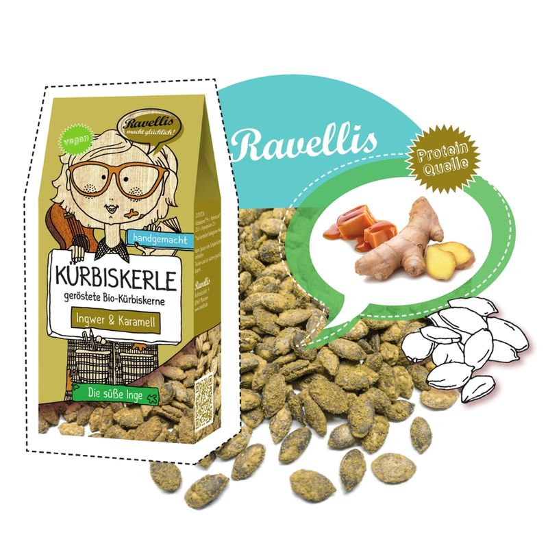 Ravellis "DIE SÜSSE INGE" Geröstete Bio-Kürbiskerne veredelt mit Ingwer & Karamell - Produktbild