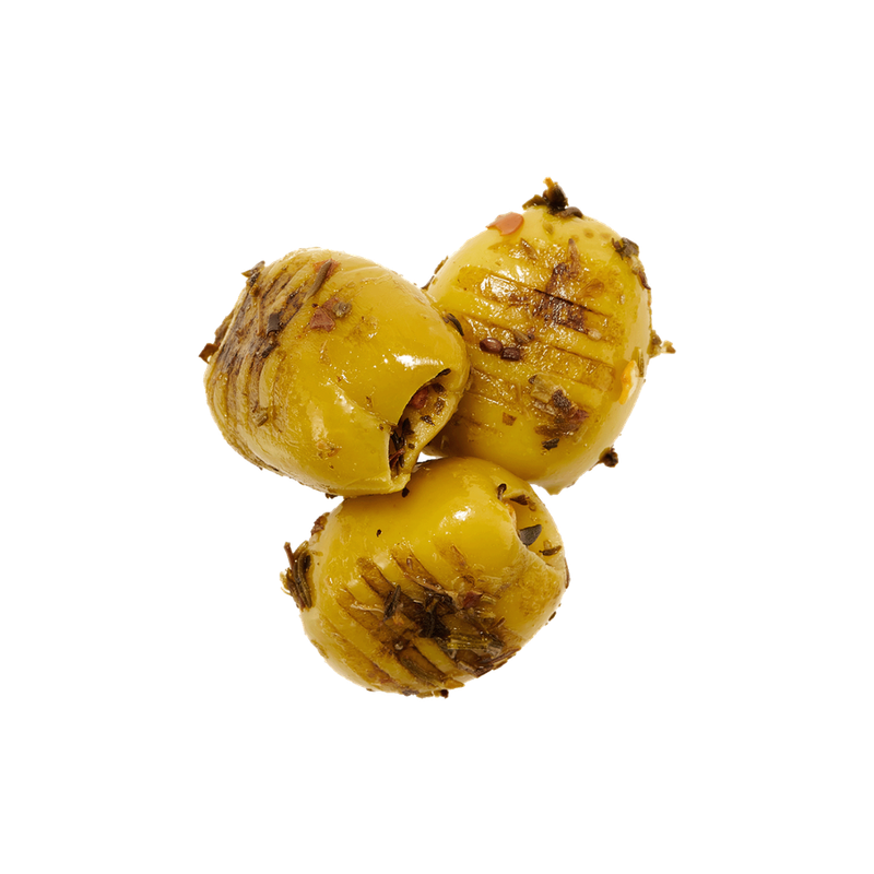 OEL  GRILLOELIVEN - gegrillte biozertifizierte Chalkidiki-Oliven ( 95% ), 1.000 g im Vakuumbeutel. Veredelt mit nativem Olivenöl , Meersalz, Essig, Knoblauch, Bukovo, Thymina, Rosmarin, Basilikum, Oregano - Produktbild