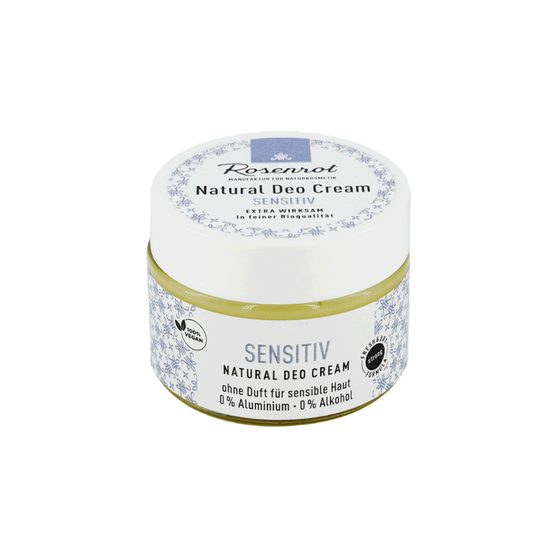 Rosenrot Naturkosmetik Deo Creme Sensitiv - vegan. Unbeduftet und für die zu Allergien neigenden und sensiblen Haut. Für werdende Mütter, für stillende Mütter, für Allergiker und für alle Menschen die es gerne ohne Duft mögen. - Produktbild